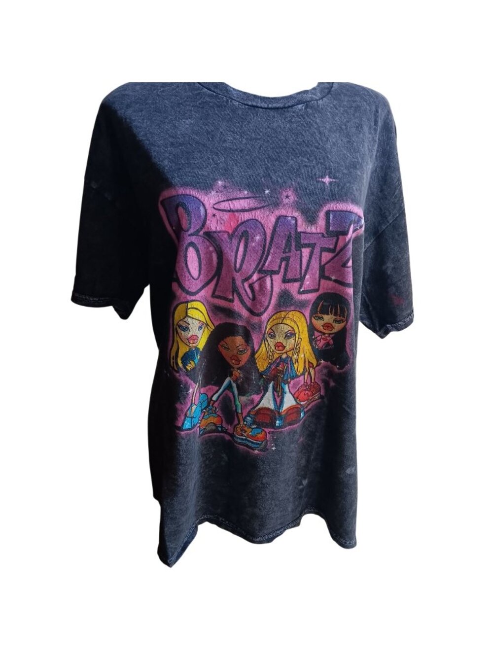 XL Bratz Acid Wash T-Shirt Black Retro Look Paint Splatter XL Cotton Blend